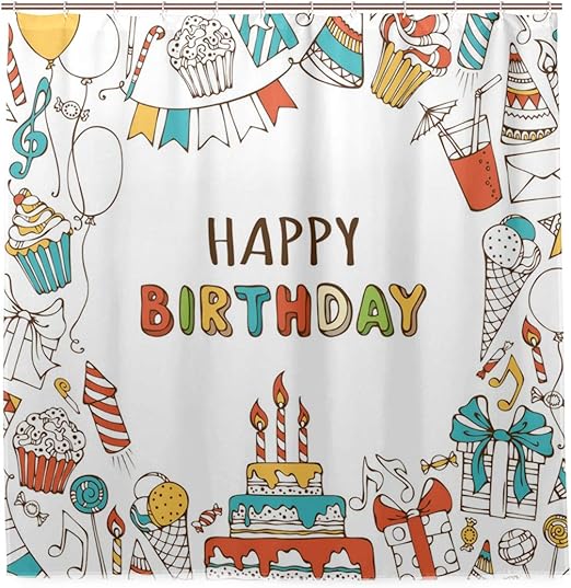 Amazon Ninehasa シャワーカーテン 防水 ポリエステル 風呂カーテン 浴室 おしゃれ かわいい パーティー落書きスイーツパイガーランドプリント 取付簡単 浴室 間仕切り カーテンリング付属 シャワーカーテン ホーム キッチン オンライン通販
