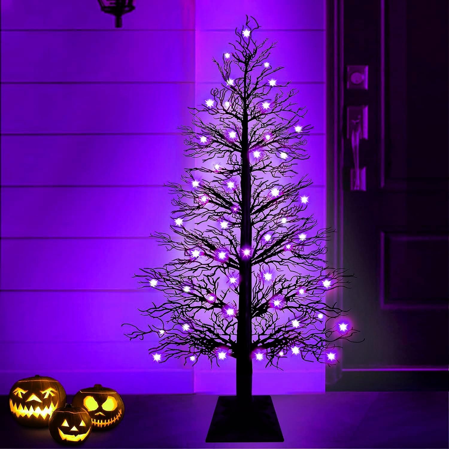 Trees - 4 Ft 70 LED Halloween Black Tree Decor with Timer Waterproof Battery-Operated Purple Lighted Artificial Spooky Black Tree Bendable Twig Halloween Decorations for Outdoor Indoor Home Yard Party Garden
