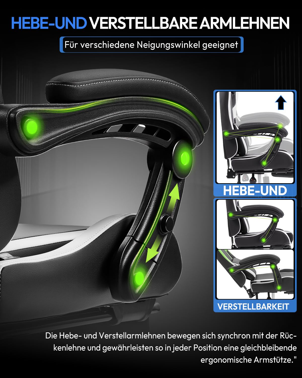 Dowinx Gaming Stuhl Bürostuhl Massage Gaming Sessel mit höhenverstellbaren Linkage-Armlehnen, ergonomischer Gamer Stuhl mit Fußstütze, gepolstert Gaming Chair 150° neigbar bis 180 kg, Weiß 6