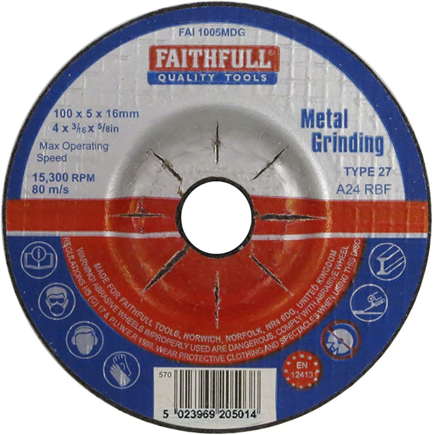Faithfull FAI1005MDG Metal Grinding Disc Depressed Centre 100 x 5 x 16, Multi
