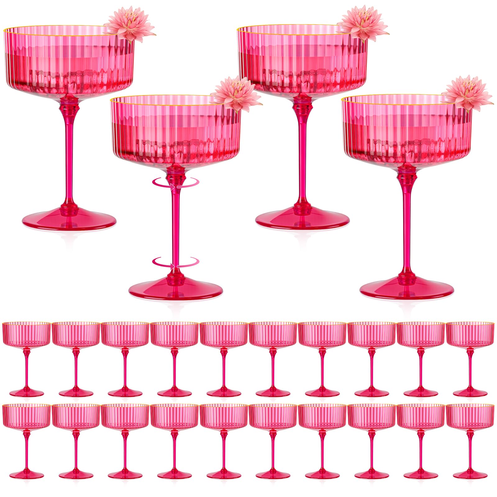 Photo 1 of 24 PCS Ribbed Coupe Glasses Hot Pink Plastic Champagne Coupe Cup 10oz Detachable Gold Rim Espresso Martini Glass Vintage Margarita Glassware Cocktail Glass Set for Valentine's Day Bachelorette Party