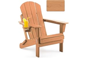 Serique Folding Adirondack Chair, Patio Chairs Wood Texture, Outdoor Chair Weather Resistant, Lawn Chair with Cup Holder, Fire Pit Chair for Deck, Outdoor, Porch, Backyard, Garden (Teak)