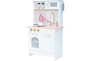 Teamson Kids Little Chef Boston Compact Farmhouse Interactive Wooden Play Kitchen with Sink, Oven, Microwave and Storage Space for Easy Clean Up, White with Gold Finishes