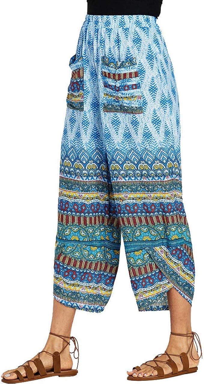 Women High Waist Print Pocket Wide Trousers Ladies 7/8 Fashion Basic
