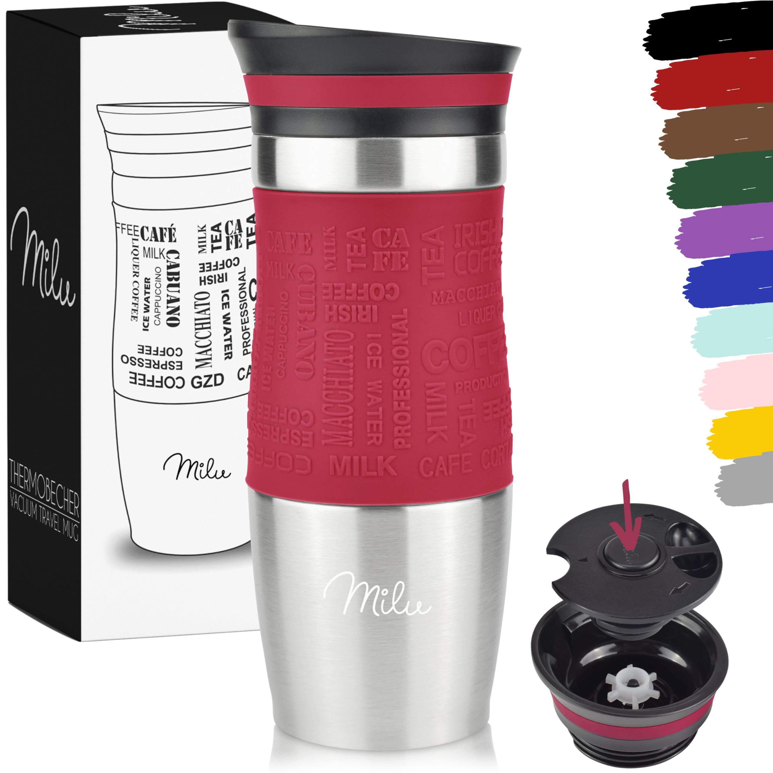 Milu Travel Mug 370ml 450ml - Insulated Coffee Cup to go - 100% Leak Proof - Stainless Steel Drinking Mug - Car Mug Double Wall Insulation Thermo Coffee Flask (Red, 370ml) — image 1
