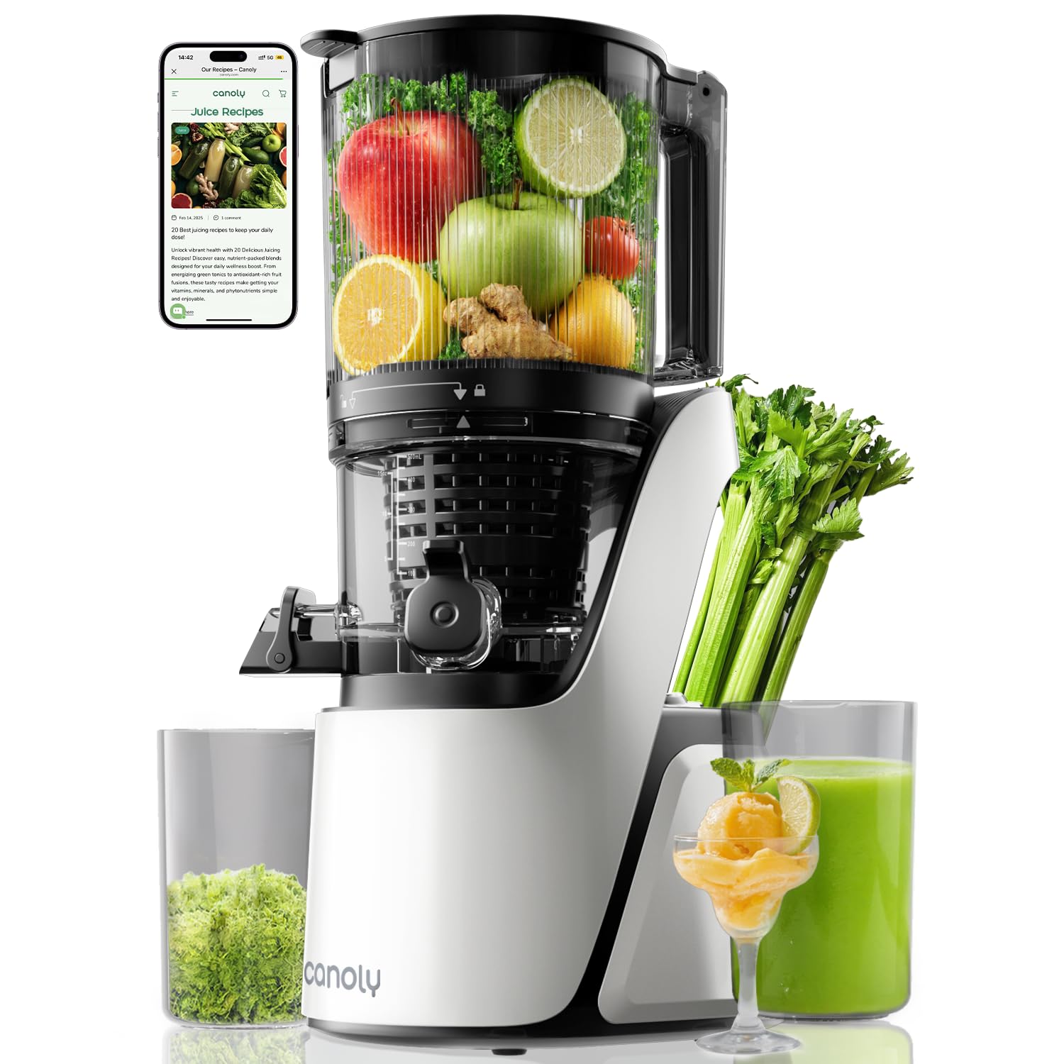 Photo 1 of Canoly C16 Cold Press Juicer, 6" Extra Wide Feed Chute with Dual Strainers (Juice & Sorbet), Powerful AC Brushless Motor, Self Precut System, Juicer Machines with BPA Free (Pearl White)