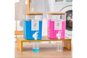 RoleDes Liquid Laundry Detergent Dispenser Set with Shelf and Bamboo Lids for Laundry Room Organization and Storage - 2 Pack 96 oz Laundry Containers for Laundry Soap, Fabric Softener