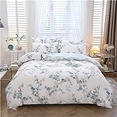 URBONUR Blue Floral Duvet Cover Set Queen Size 100% Cotton 3 Pieces Bedding Comforter Cover with Button Closure Birds on White Comforter Cover Sets, Soft Cooling Bedding Queen