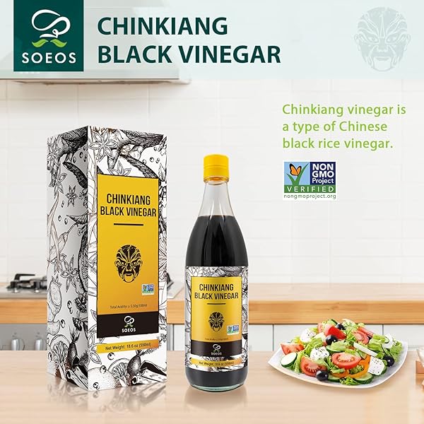 SOEOS CHINKIANG VINEGAR, 18.6 FL OZ (550ML), CHINESE BLACK , TRADITIONAL , ORGANIC , ZHENJIANG XIANGCU, BLACK RICE VINEGAR | CONDIMENT FOR COOKING NOODLES, BRAISED MEAT, COLD APPETIZERS