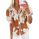 Cicy Bell Womens Puff Sleeve Button Down Shirts Floral Print Summer Casual Tops Boho Loose Fit Collared Blouse