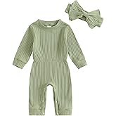 Covvoliy Newborn Baby Girl Fall Outfits Long Sleeve Ribbed Romper Jumpsuit with Headband Set Infant Girl Clothes
