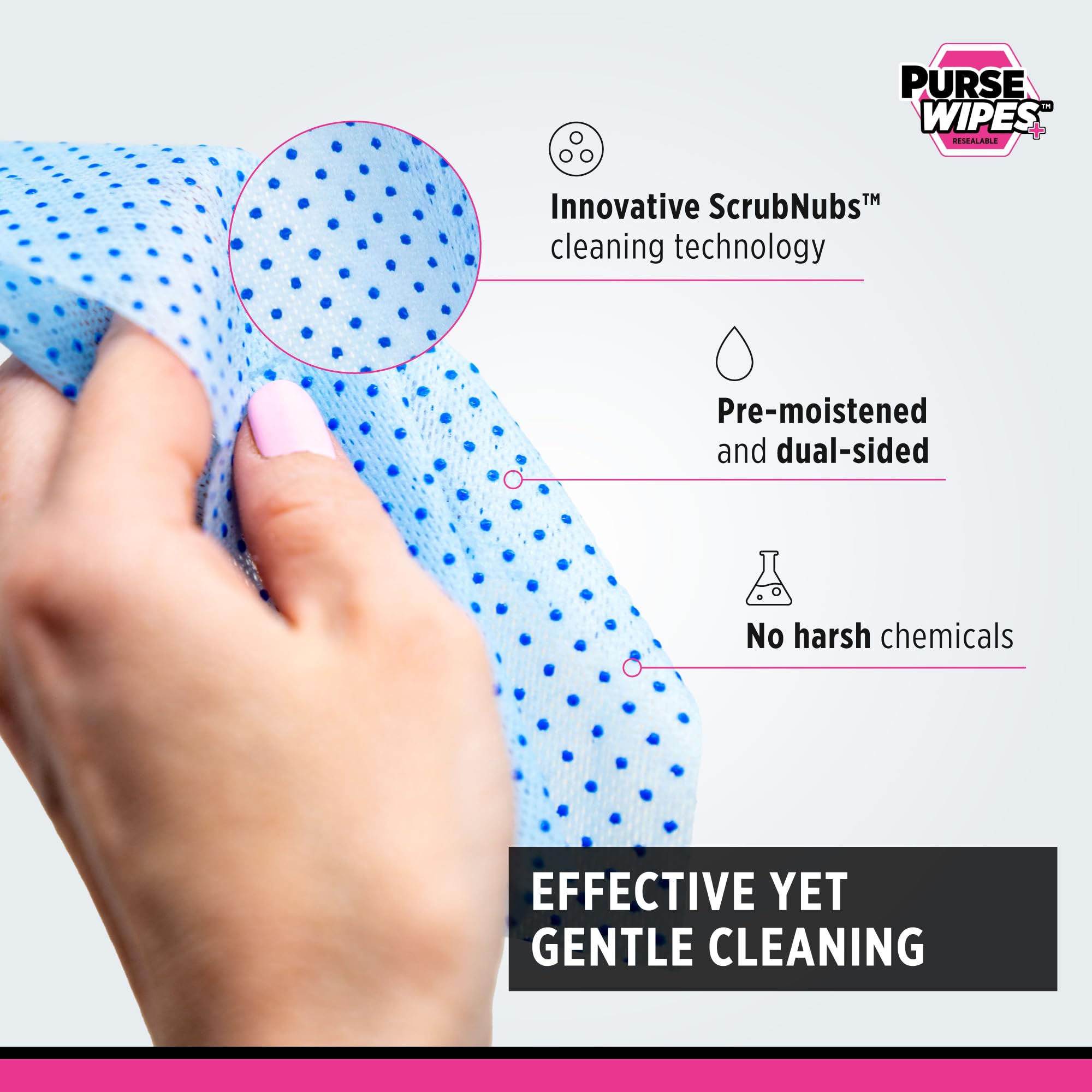 SneakERASERS: PurseWIPES Purse Cleaner Wipes - Portable Leather Wipes for Bags, Purses, and Backpacks, Dirt and Scuff Remover with Innovative ScrubNubs, Perfect for Quick Cleaning, (28 wipes)