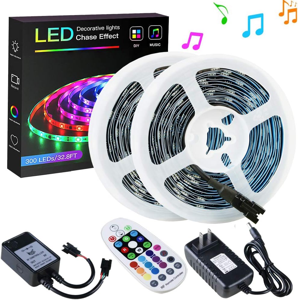 SPARKE Dreamcolor Led Strip Lights, 32.8ft/10m Music-Sync LED Tape Light, 300 Pixels RGB 5050 WS2811B Non-Waterproof Strip with RF Remote and Power Supply, Chasing Effect for Home Interior Parties