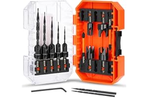 MATEWORK Countersink Drill Bit Set, 15PCS M2 Cobalt HSS Woodworking Tool Set, Adjustable Depth Tapered Drill Bit Set with 4 Wood Plug Cutters & 1/4" Hex Shank, Counter Sink Drill Bit for Wood with Storage Box