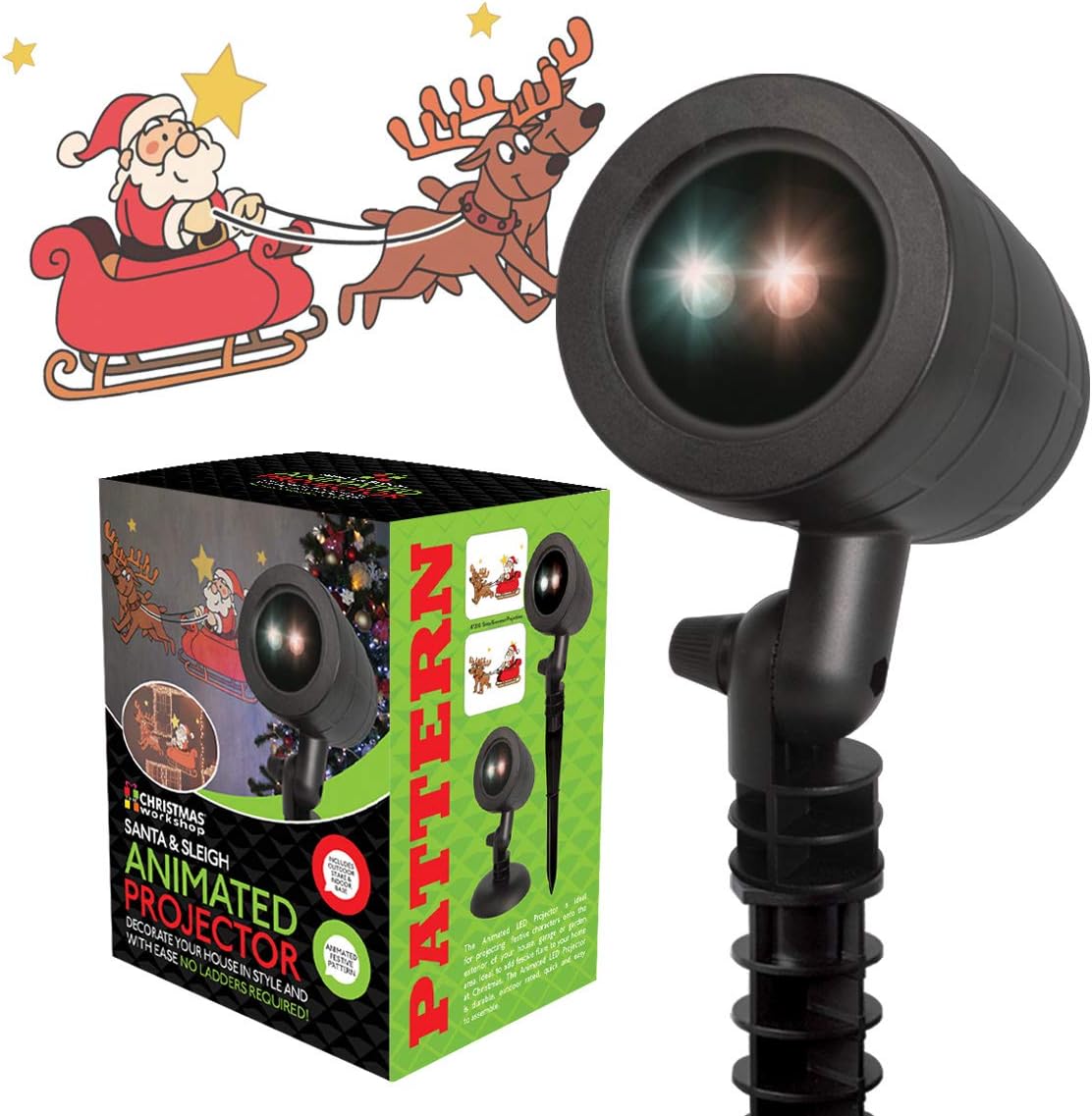 The Christmas Workshop Indoor Outdoor Santa with Sleigh Animated Projector, Black