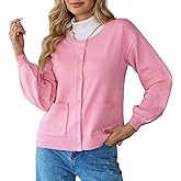 Women's Puff Long Sleeve Cardigan Sweater Round Neck Open Front Button Ribbed Knit Fall Casual Loose Fit Top with Pockets