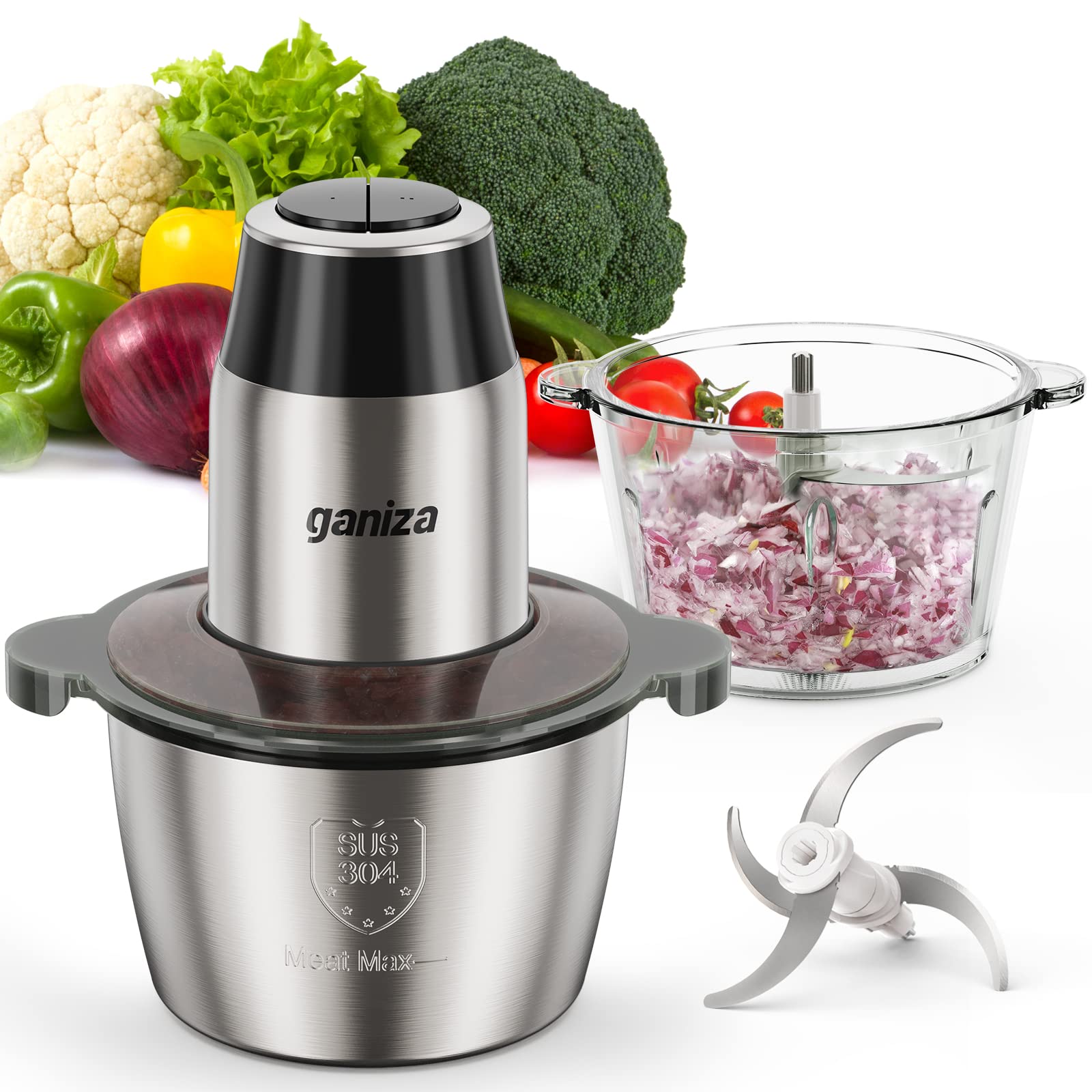 Photo 1 of **ITEM FACTORY SEALED** GANIZA Food Processors, Electric Food Chopper with Meat Grinder & Vegetable Chopper - 2 Bowls (8 Cup+8 Cup) with Powerful 450W Copper Motor - Includes 2 Sets of Bi-Level Blades (Silver)