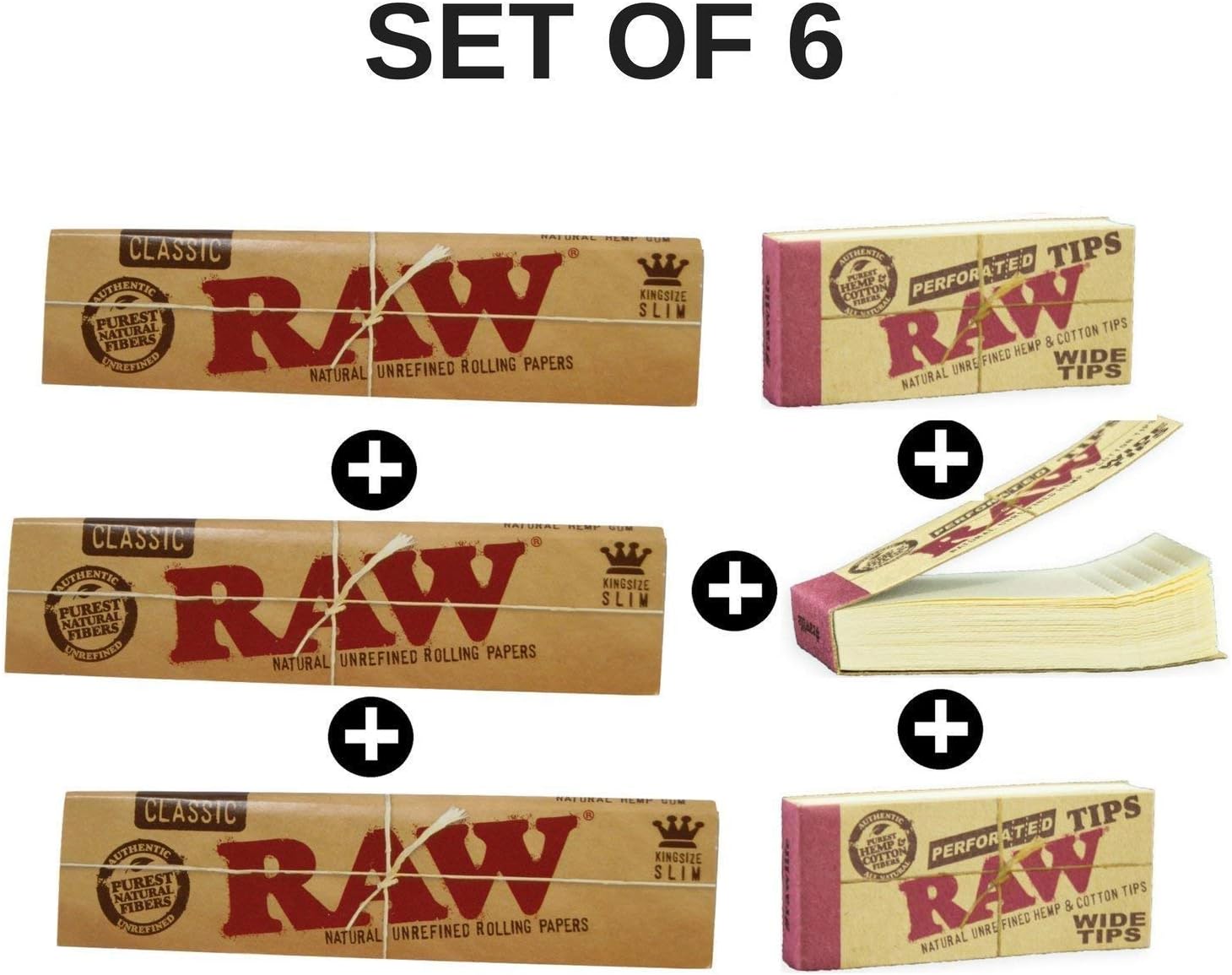Trendz Square Raw Classic King Size White Rolling Paper, Raw Wide and Perforated Filter Tips - Set of 6