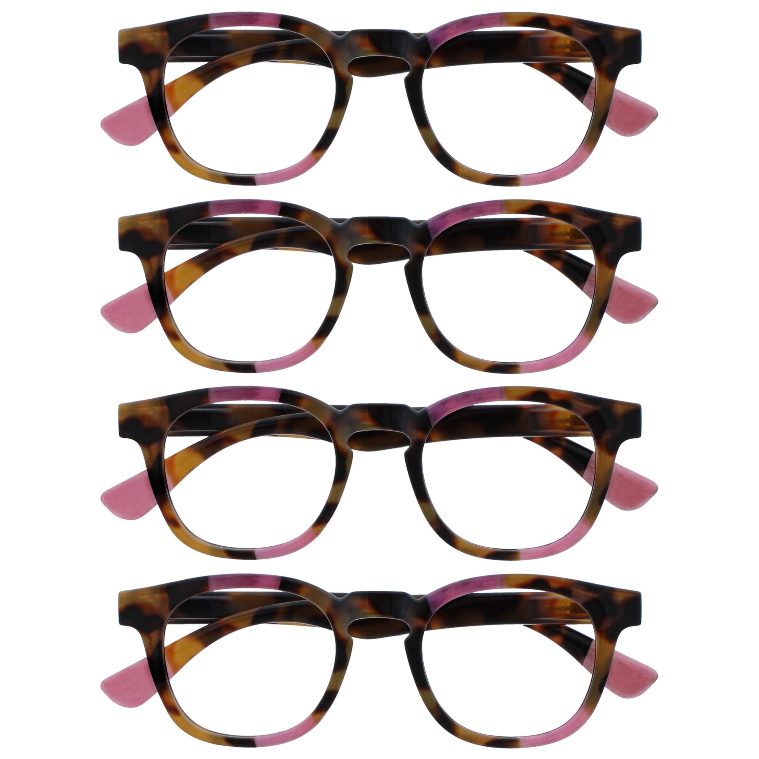 OPULIZE Ava Reading Glasses 4 Pack Flattering Rounded Frame Spring Hinges Scratch Resistant Brown Tortoiseshelll Pink Mens Womens RRRR62-4 +2.50