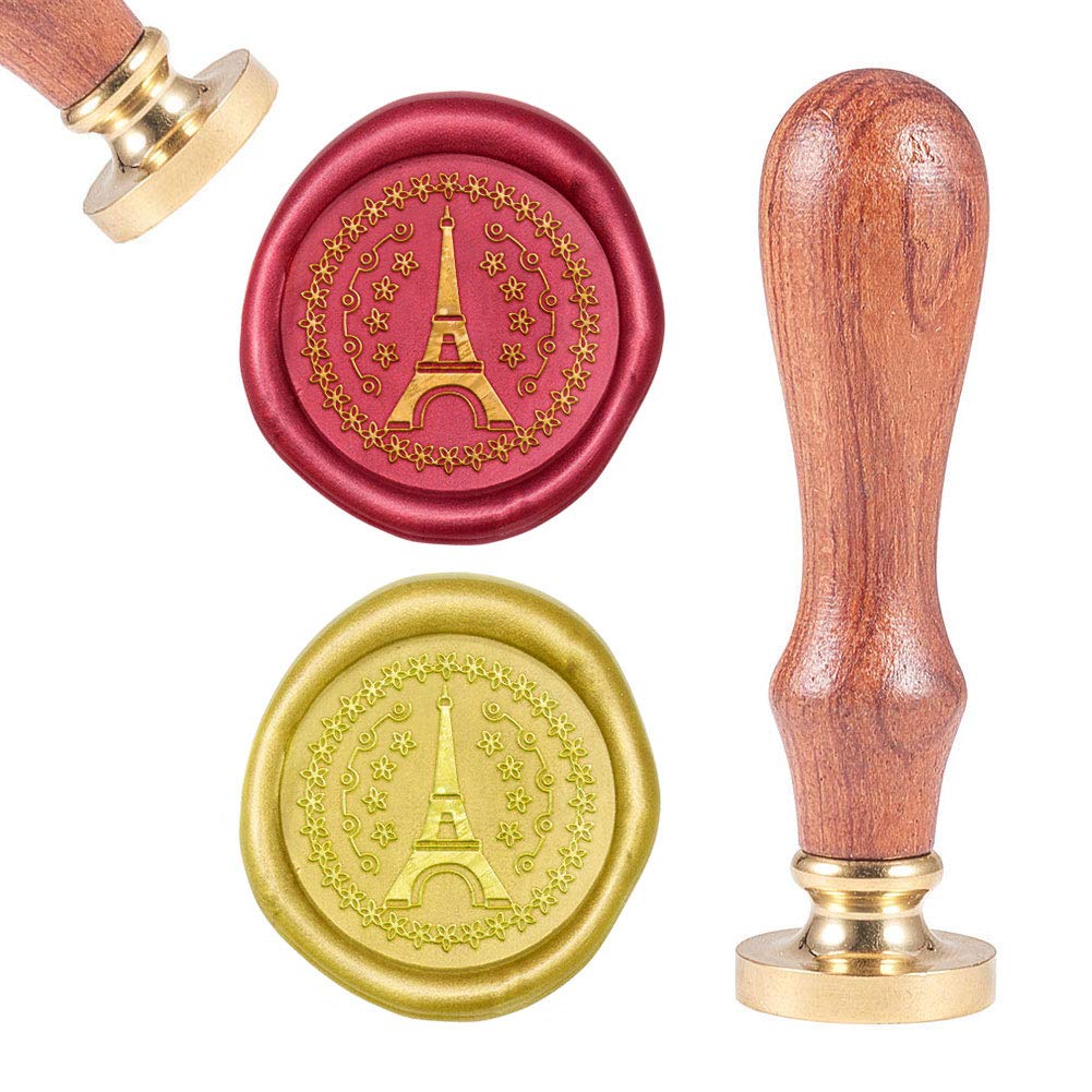 CRASPIRE Wax Seal Stamp Eiffel Tower in Flower Ring, Sealing Wax Stamp Wreath Retro Wood Stamp Wax Seal 25mm Removable Brass Head Wood Handle for Party Wedding Invitation Envelope Greeting Card