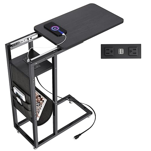 Colima C Shaped End Table for Couch, Couch Side Table That Slide Under, C Shaped Side Table with Storage Bag, Power Outlet and USB, C Table 27.8 inches High for Living Room & Bedroom Black