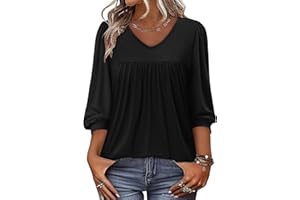 BETTE BOUTIK Women's Puff 3/4 Sleeve Tops Trendy V Neck Tunic Top Pleated Casual Loose Dressy T Shirts Blouses S-3XL