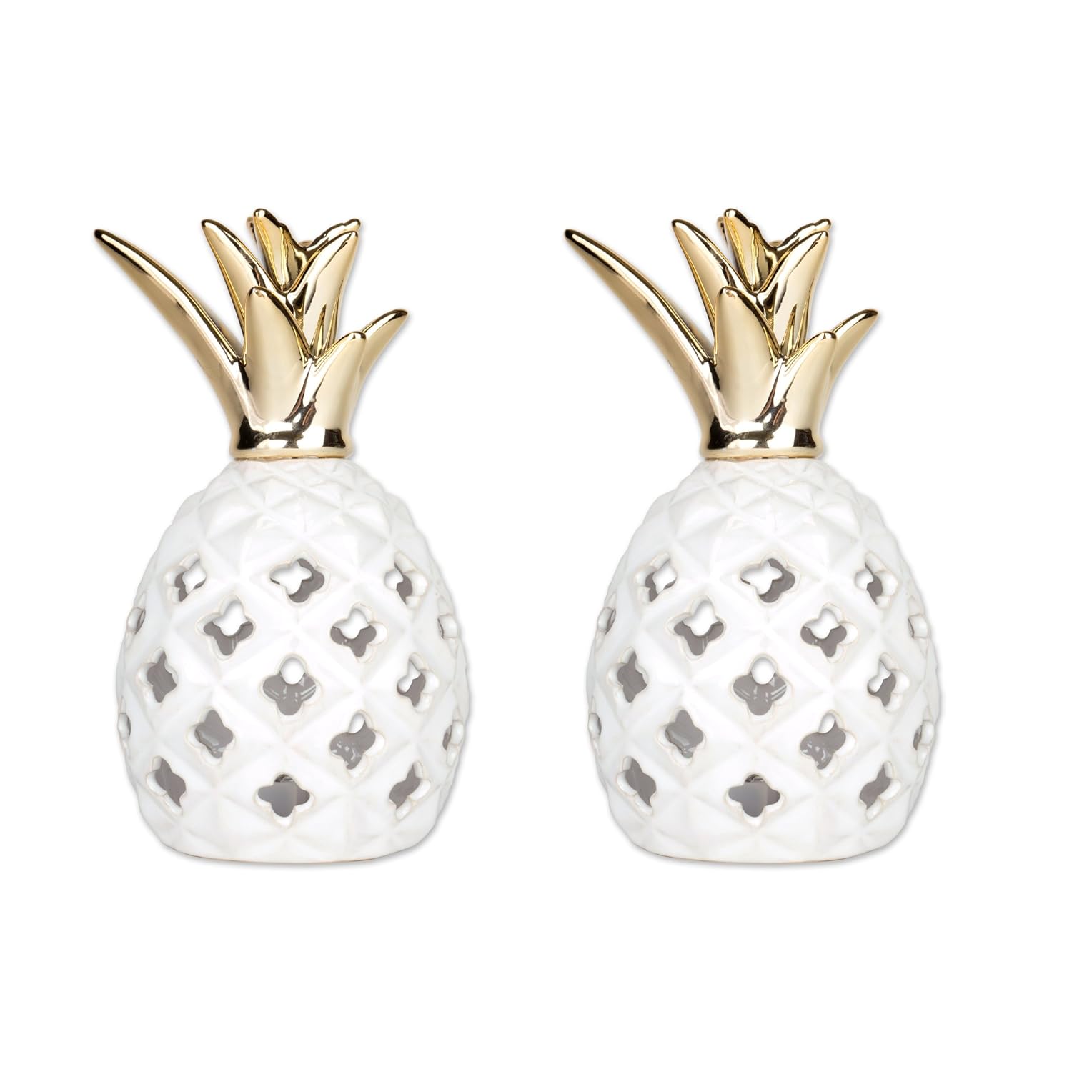 DII Ceramic Pineapple Shaped White and Gold LED Lanterns, Trendy and Chic Interior Accent for Bedroom, Kitchen, Living room - Set of 2 Small