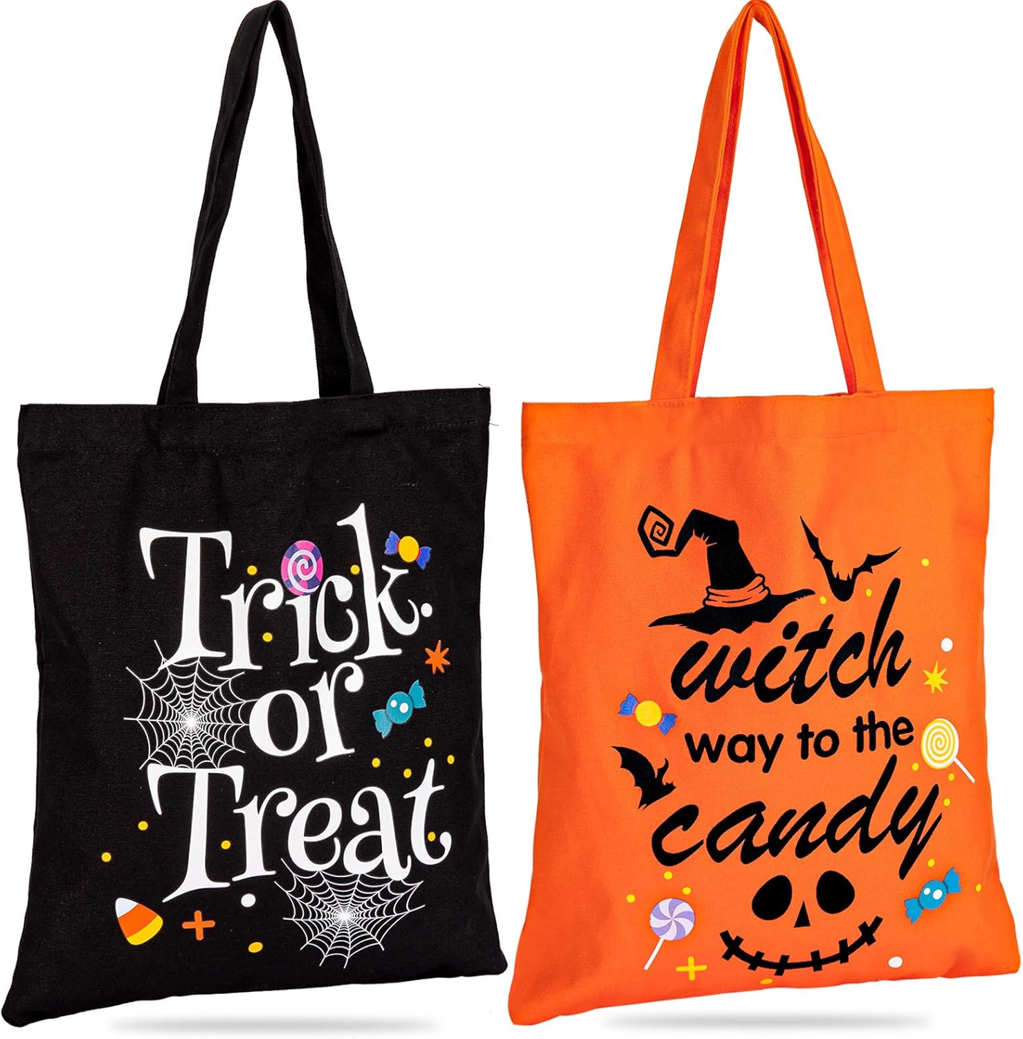 Amazon Com Whaline Halloween Canvas Tote Bags Trick Or Treat Tote Candy Bag Reusable Cotton Handbag Grocery Bags For Halloween Party Favor Gift Bags 2 Pack 15 7 X 13 4 Kitchen Dining