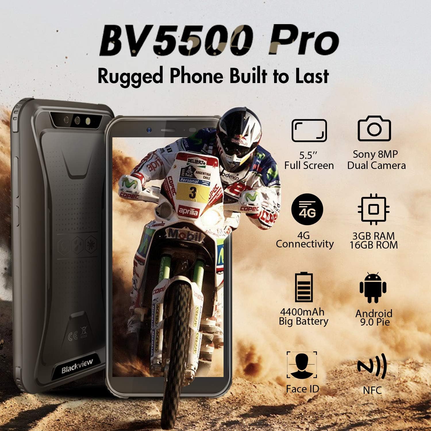 Rugged Unlocked Cell Phones, Blackview BV5500 Pro 4G Smartphones IP68 Waterproof Drop Proof, 5.5” 3GB+16GB Dual SIM [Quad Core] Android 9.0 4400mAh Battery and Face ID Mobile Phones, Black: Electronics