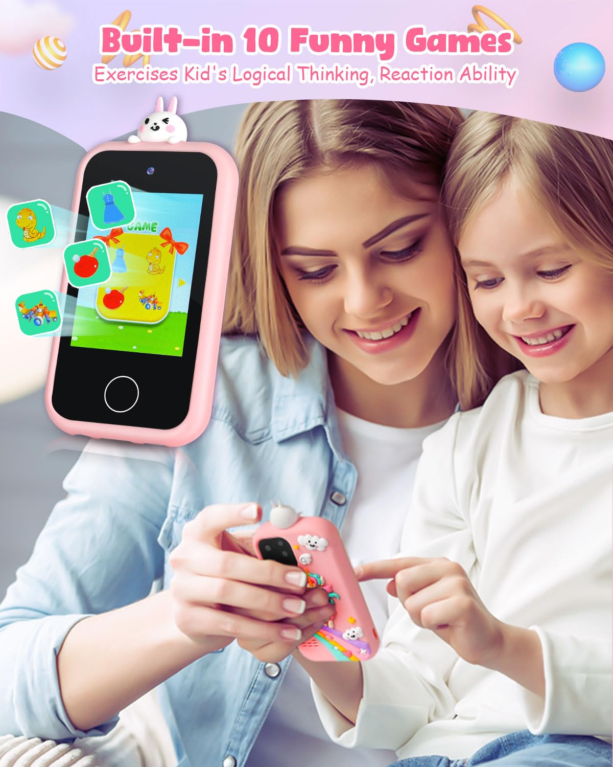 Bunyta Unicorn Kids Smart Phone - 2.8 Inch Touchscreen, Dual Camera, Music Player, Puzzle Games, Learning Toys, Birthday for Girls 3-10, 32GB SD Card (Pink)