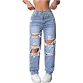 Floerns Women's High Waisted Distressed Jeans Straight Leg Casual Ripped Denim Pants