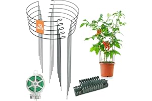 LINYONA 32 inch Plant Support Stakes, 10 Pack Half Round Metal Garden Plant Stake Heavy-Duty Plant Support Ring and Cage with Plant Clip & Twist Tie for Indoor and Outdoor Plants, Vegetable, Flowers