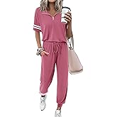 MASCOMODA 2 Piece Outfits for Women 2026 Summer Casual Quarter Zip Short Sleeve Tops Long Pants Tracksuit Jogger Lounge Sets