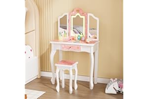 JOYMOR Upgrade Kids Vanity, 2-in-1 Girls Vanity w/Tri-Folding Mirror & Adjustment LED Touch Screen, 1 Drawer, Kids Vanity Set with Mirror Age 4-9 (Pink)