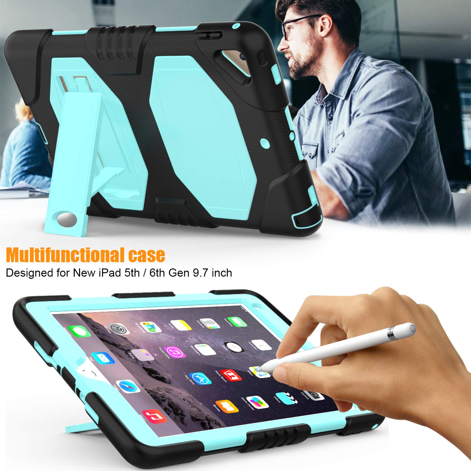 New iPad 9.7 Inch 2018/2017 Case,Heavy Duty Shock-Absorption Rugged Hybrid Protective Case with Kickstand for iPad 9.7 2018/2017 A1893/A1954/A1822,/A1823 (Light Blue)
