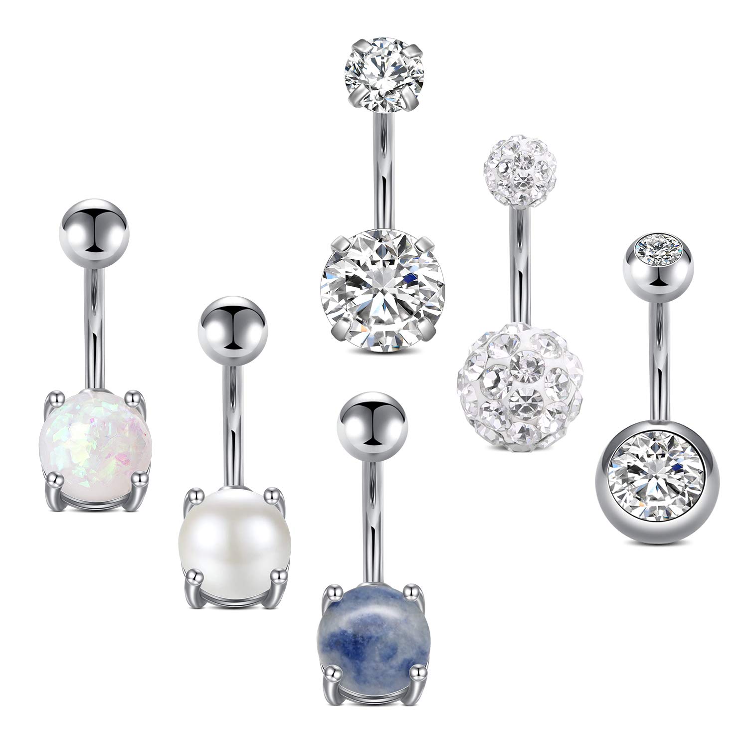 AceFun 14G Belly Bar Silver Surgical Stainless Steel Belly Rings Opal CZ Navel Piercing Jewelry 6 Pcs