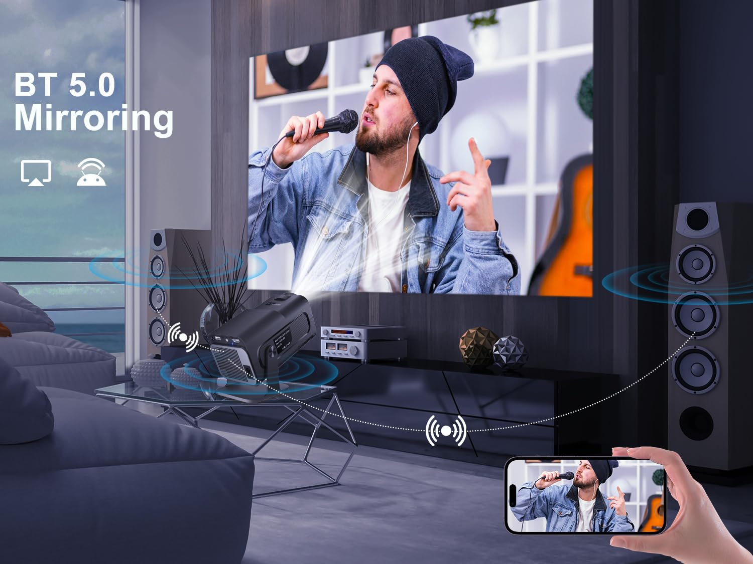 Mini Portable Projector 4K with WiFi and Bluetooth, Native 1080P HY320 Smart Projector with Android 11, Support WiFi 6 BT5.0 Auto Keystone Correction 150'' Display Short Throw Projector