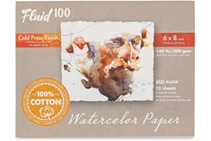Fluid 100 Watercolor Paper 811208 140LB 100% Cotton Cold Press 6 x 8 Block, 15 Sheets