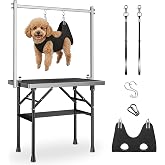 pickpiff Dog Grooming Table with Arm, 35.5" L&times;23.6" W x 30" H Foldable Heavy Duty Pet Grooming Station with Adjustable 33.5" Height Arm, Hammock &amp; Nooses, Tray, Non-Slip Waterproof Tabletop