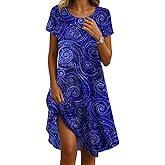 Sundresses for Women 2025 Summer Boho Floral Short Sleeve Crewneck Midi Dresses Casual A-Line Flowy Knee Lenth Dress Blue Paisley Size L