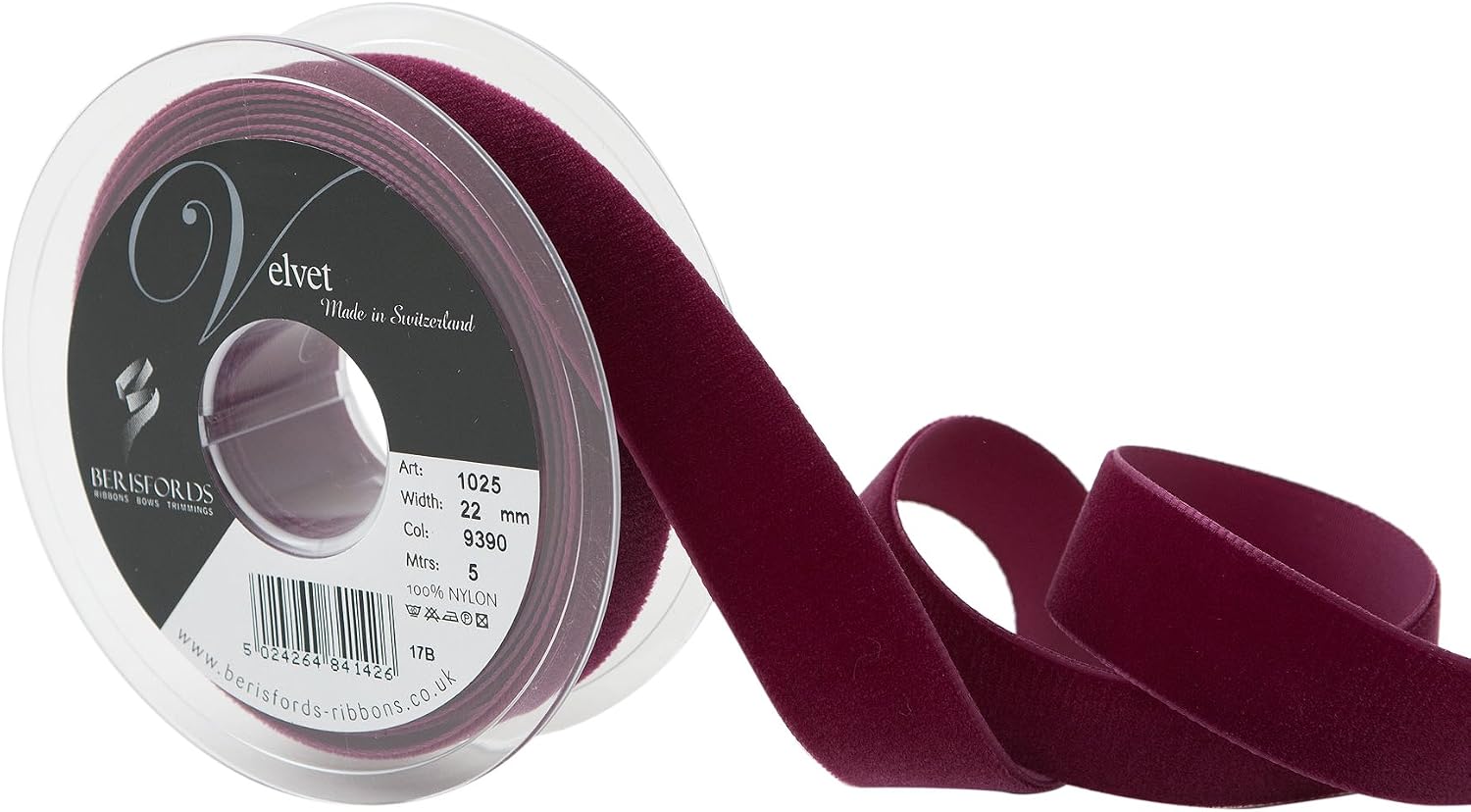 Berisfords Velvet Ribbon, Bordeaux, 10.2 x 2.2 x 10.2 cm, 5 m x 22 mm