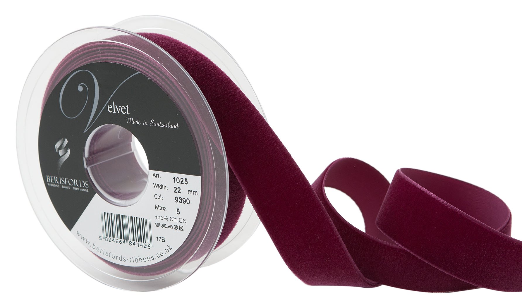 Berisfords Velvet Ribbon, Bordeaux, 10.2 x 2.2 x 10.2 cm