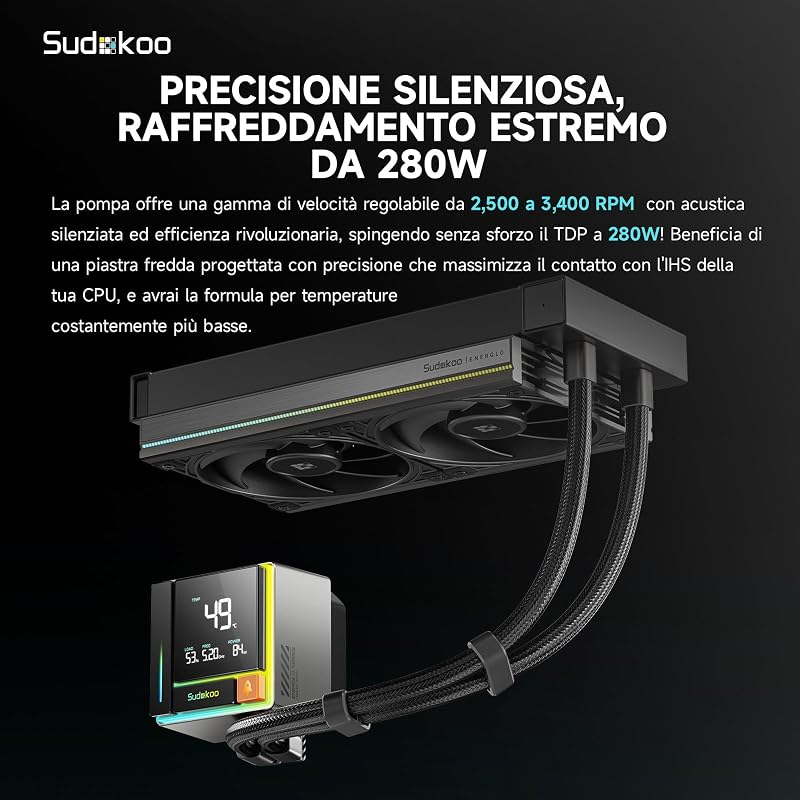 ENERGLO 240 Dissipatore Liquido 240mm: AIO 240mm con Schermo LCD a Segmenti - Raffreddamento Liquido PC con Due Ventole PWM FDB & Pompa 2500-3400 PWM, Intel LGA1851/1700/1200/115X AMD AM5/AM4