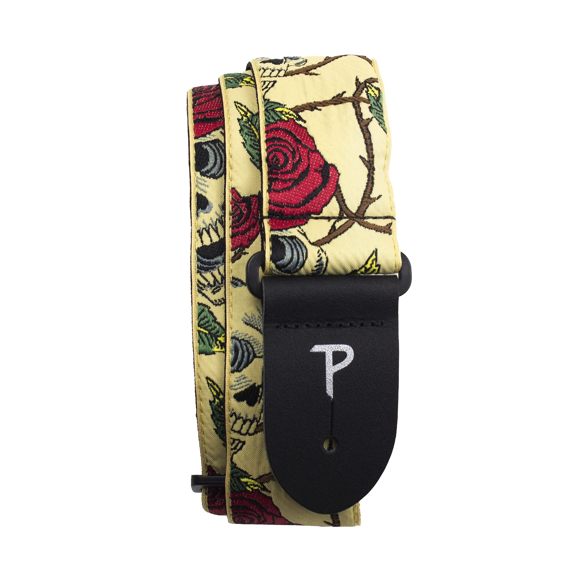 Perri’s Leathers Ltd. - Guitar Strap - Nylon - Jacquard - Rose & Skull - Beige - Adjustable - For Acoustic/Bass/Electric Guitars - Made in Canada (TWS-6538)