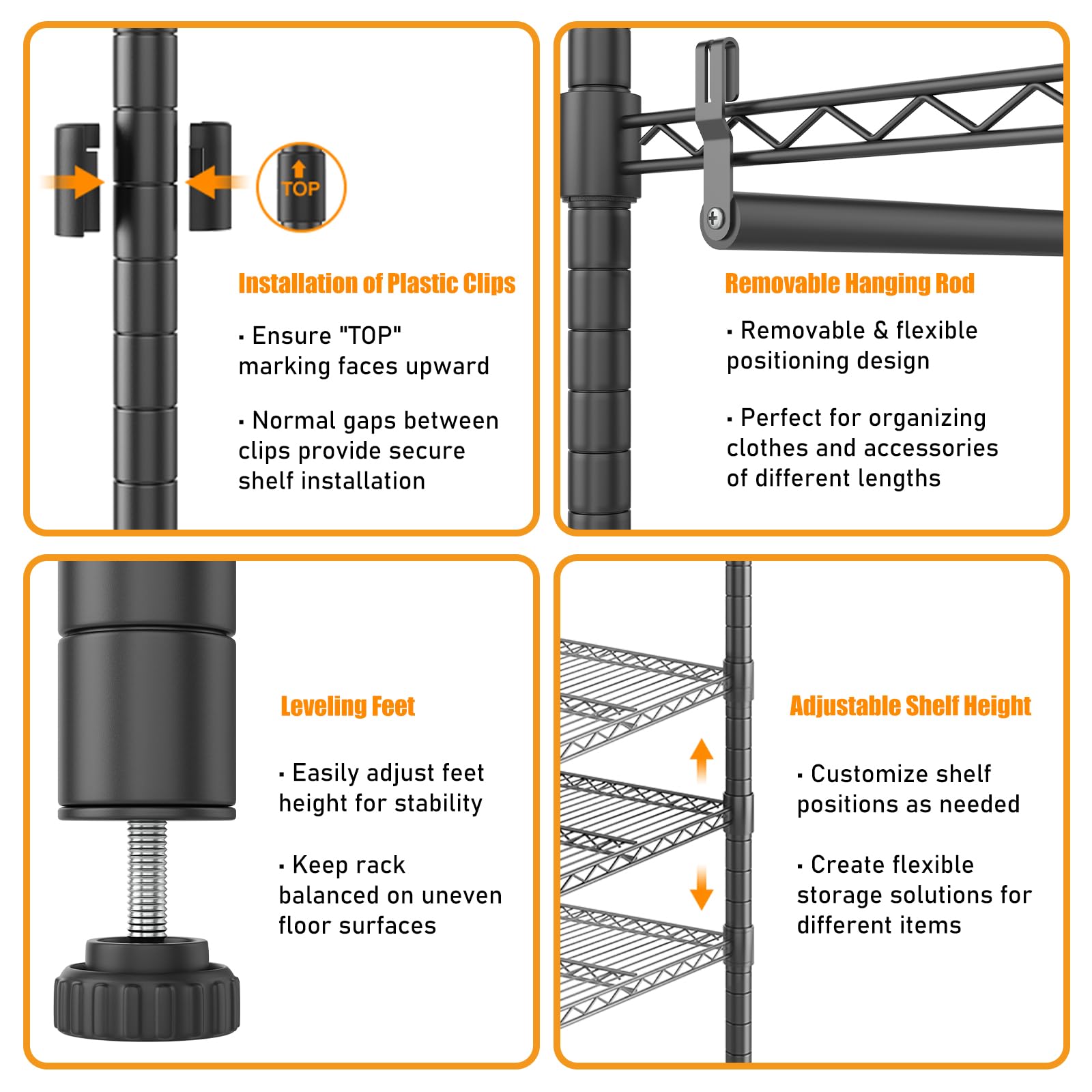 Homdox Heavy Duty Clothes Rack with Double Rods, 5-Tier Freestanding Wardrobe System, Adjustable Metal Clothing Rack with Side Hooks, Portable Closet Organizer for Hanging Clothes, Black