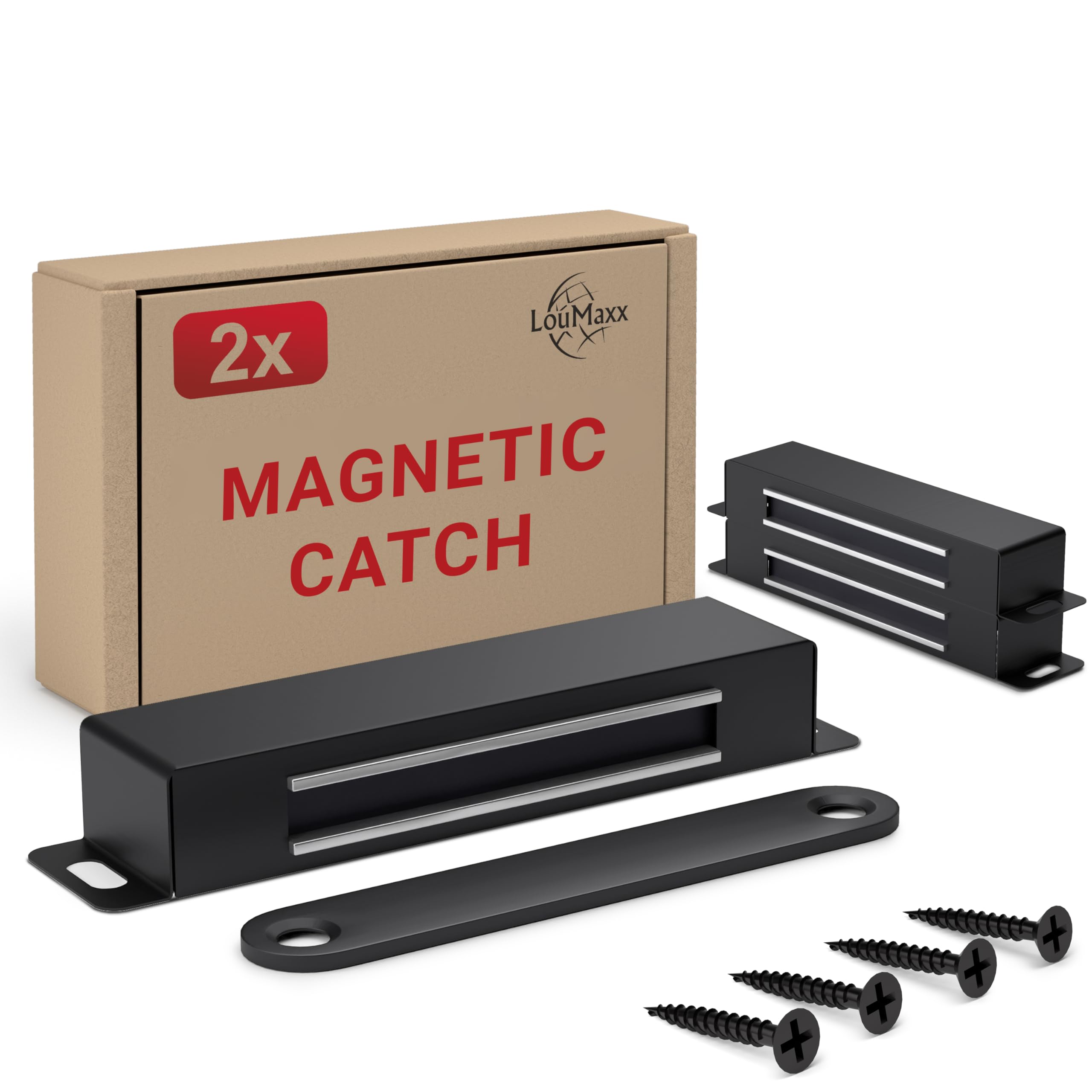 LouMaxx Magnetic Door Catch Strong – Holding Force 25kg – Set of 2 in Black Stainless Steel – Cabinet Magnets - Door Magnet - Door Magnetic Catch - Magnetic Cabinet Latch - Magnetic Door Latch
