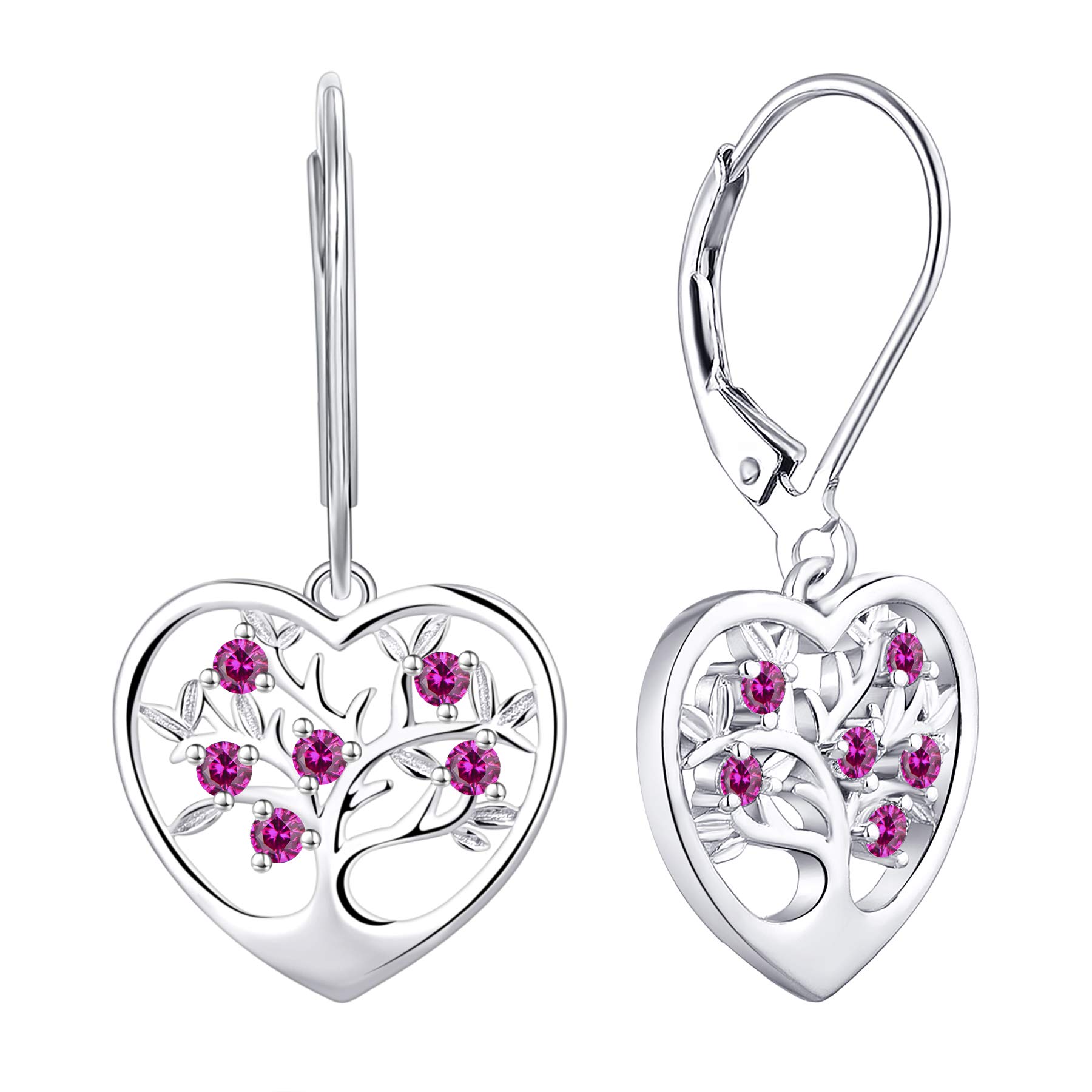 JO WISDOM Women Earrings,925 Sterling Silver Family Heart Tree of Life Leverback Drop & Dangle Earrings with 3A Cubic Zirconia July Birtstone Ruby Color