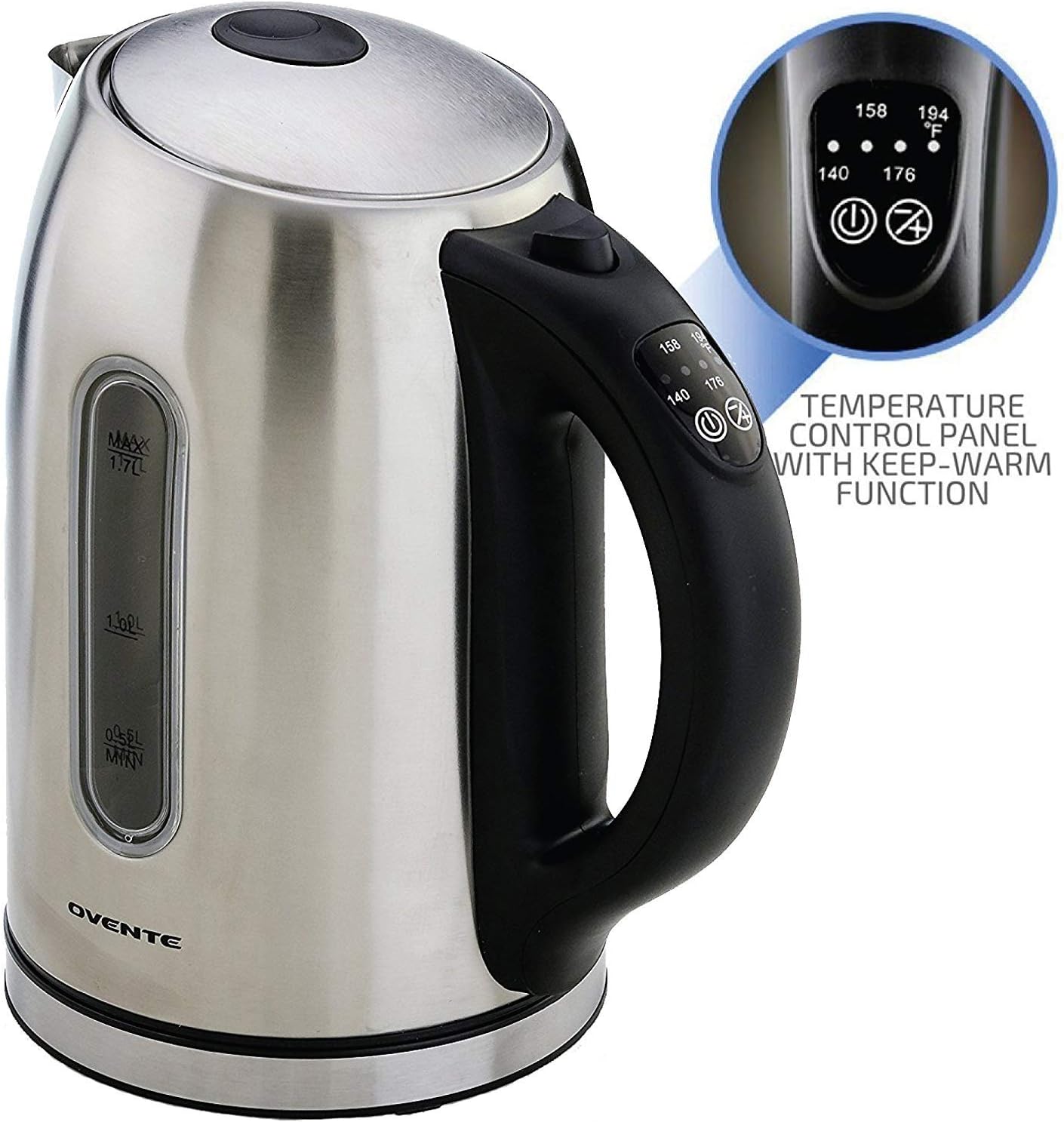 Ovente KS890S Electric Kettle, 1.7L, Cordless, 1100W, BPA-Free, 5 Preset Settings, Auto Shut-Off & Boil-Dry Protection, Silver