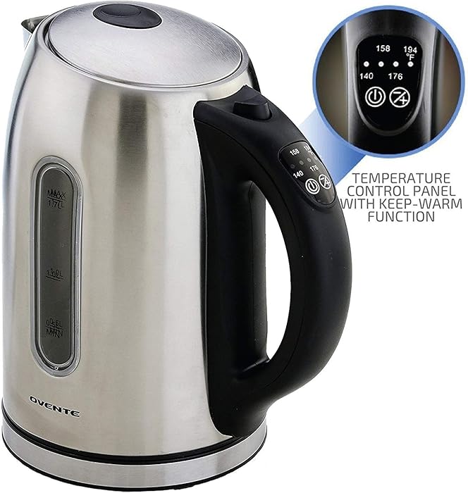 Ovente KS890S Electric Kettle, 1.7L, Cordless, 1100W, BPA-Free, 5 Preset Settings, Auto Shut-Off & Boil-Dry Protection, Silver