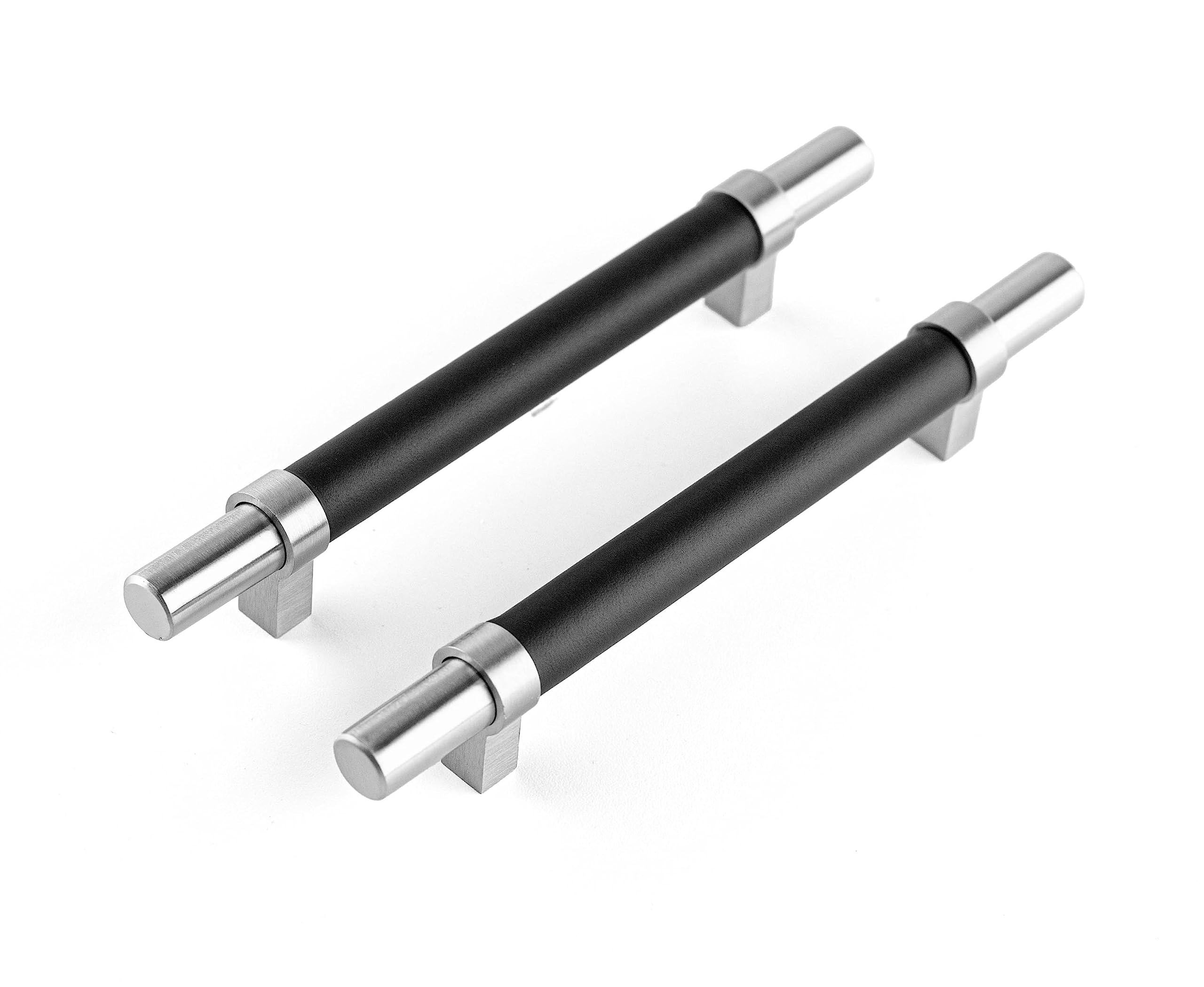 Brute Strength - Furniture Handles - Steel & Full Grain Leather - 128mm Hole Spacing - Silver & Black - Pack of 4 - Cabinet Handle Door Handle for Kitchen, Bathroom, Cabinets, Dresser, Wood